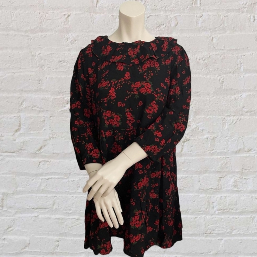 Zara Red Floral 3/4 Sleeve Ruffle Dress